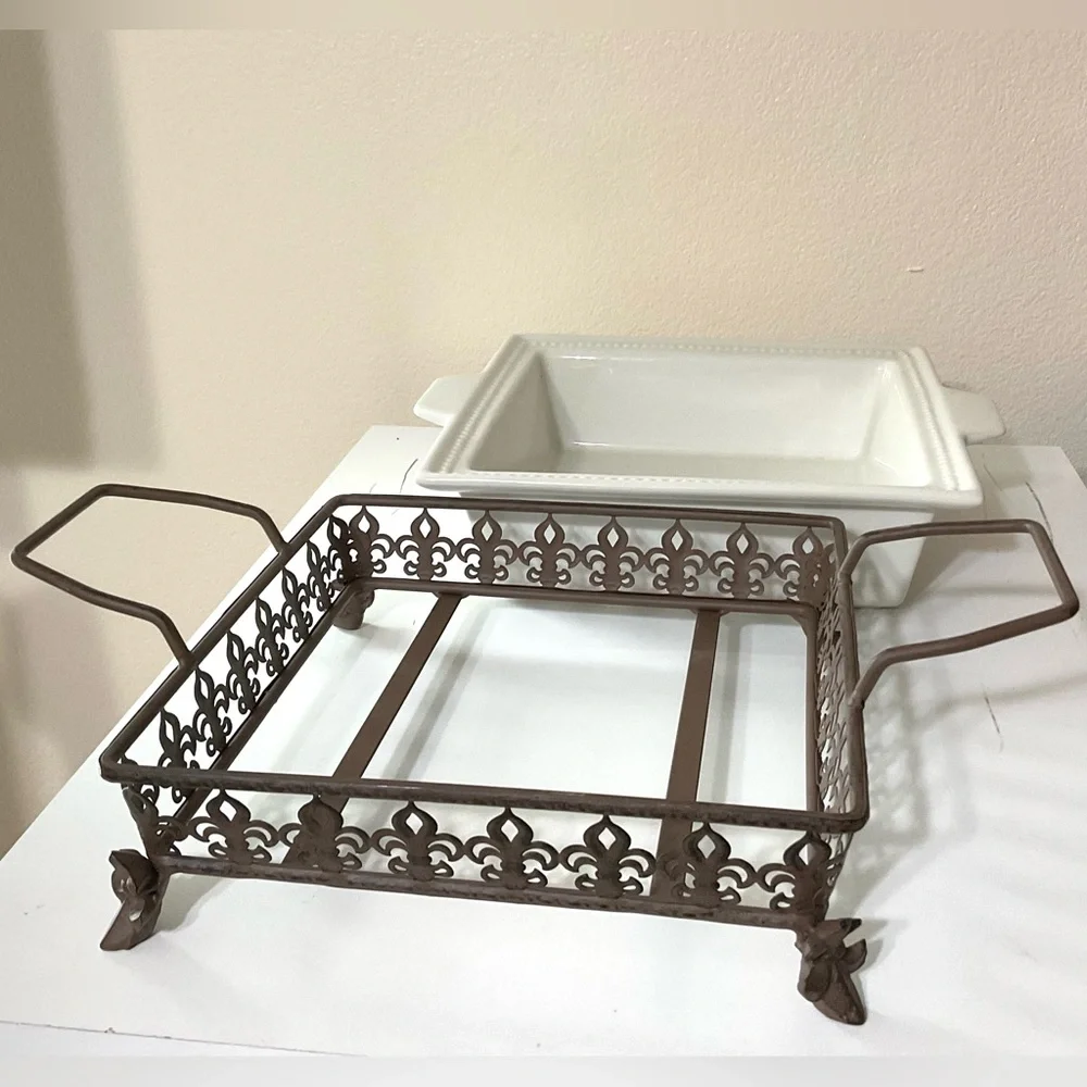 COOKS JCP Home Stoneware Squqre Casserole Dish, Metal Stand
